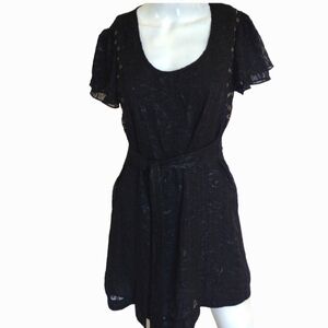Closet Romantic Woman Medium Lace Flare Black Dress Knee Length Ruffle Sleeve‎